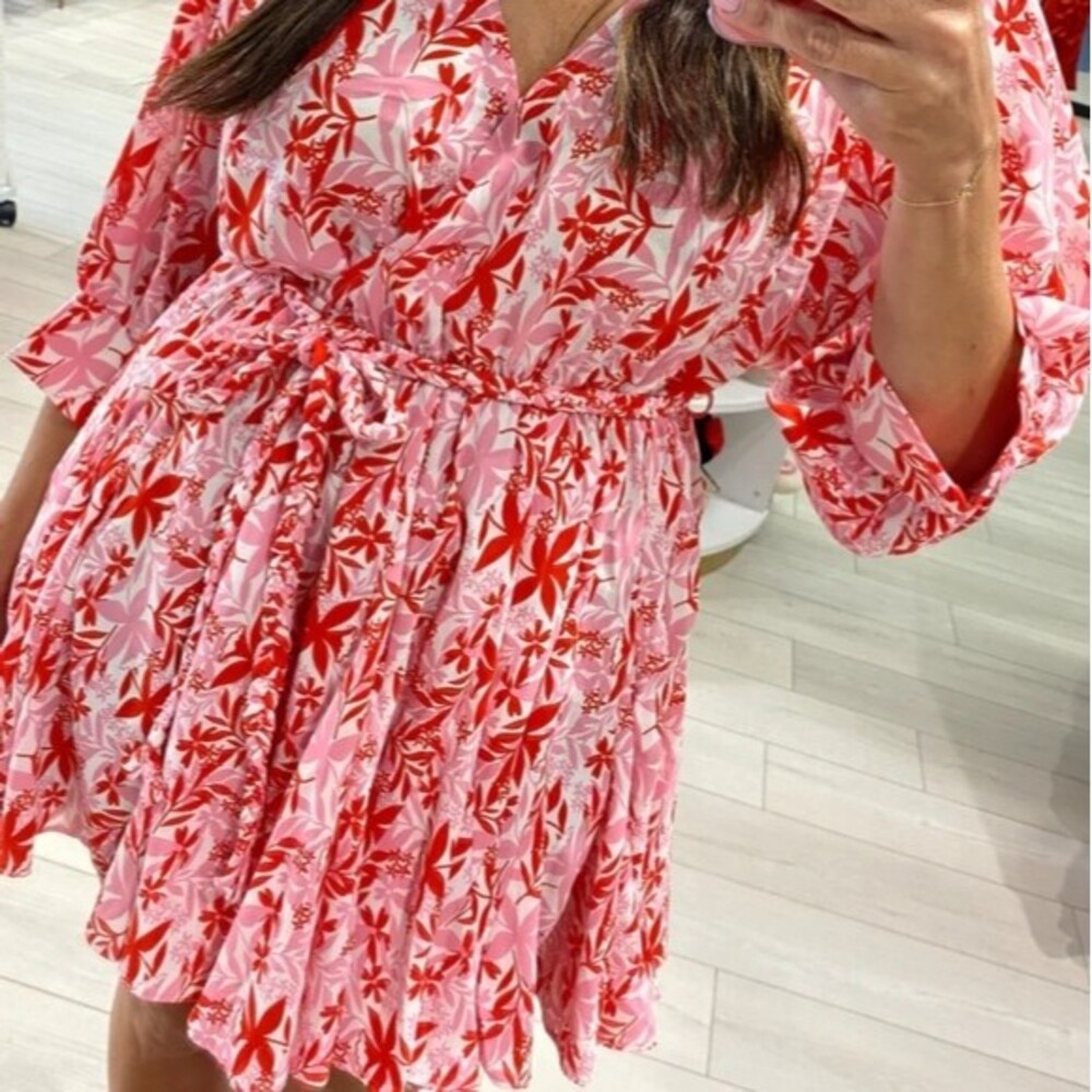 Aakaa Pink Tropical Palms Balloon Sleeve Full Circle Braided Belt Mini Dress S